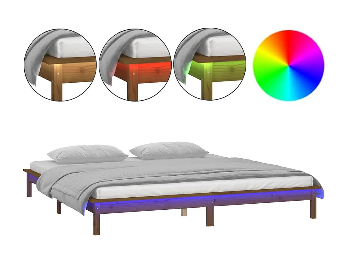 Cama c/ LEDs 160x200cm madeira maciça castanho mel PT265330