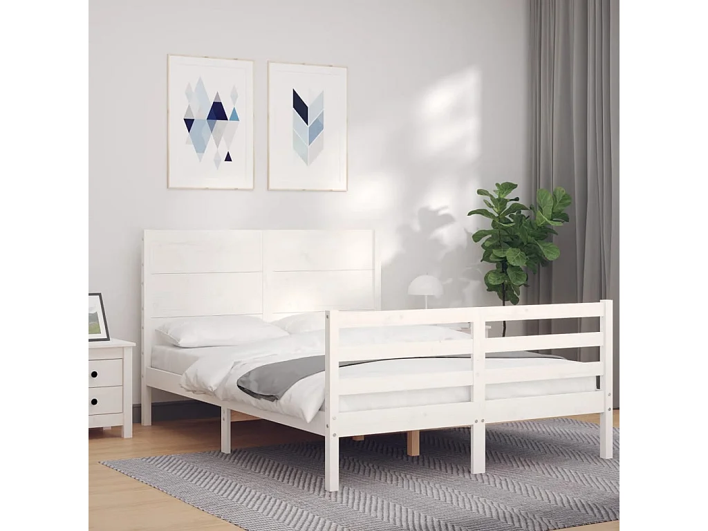 Cama com cabeceira 140x190cm madeira maciça branco PT541734