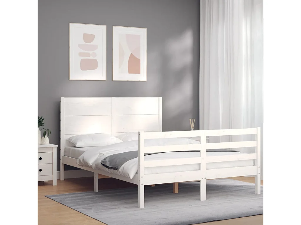Cama com cabeceira 140x190cm madeira maciça branco PT541734