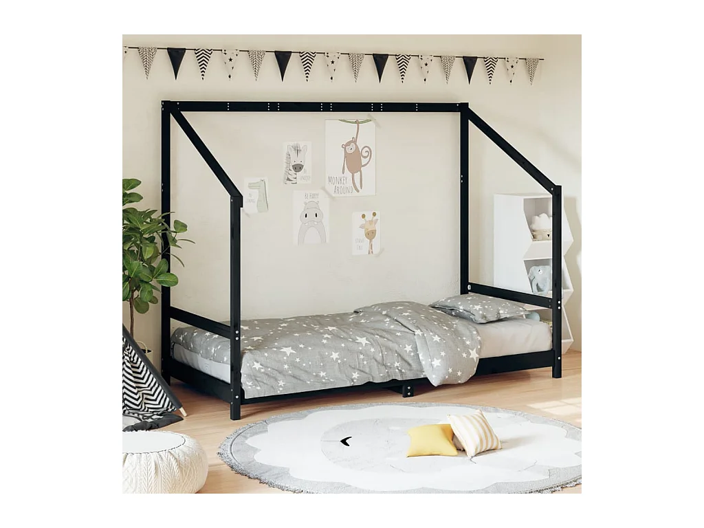 Lit-90x200 cm pour enfants noir bois de pin massif EGGB49011