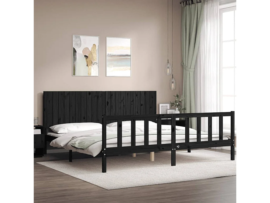 Lit-200x200 cm avec tête de lit noir bois massif EGGB70138