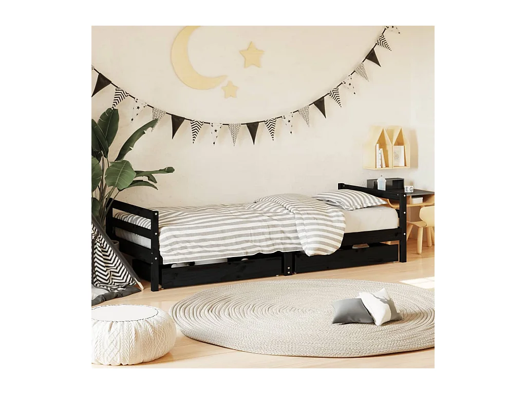 Lit-80x200 cm enfant tiroirs noir bois de pin massif EGGB13754