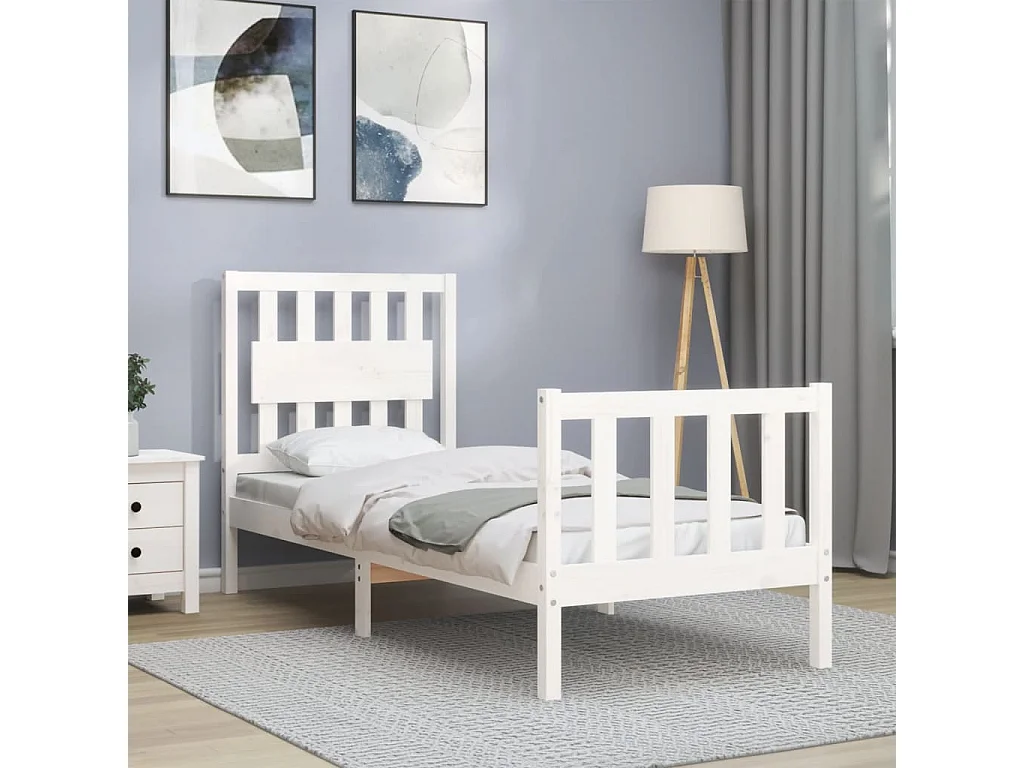 Cama 75x190 cm individual con cabecero madera maciza blanco ES72802