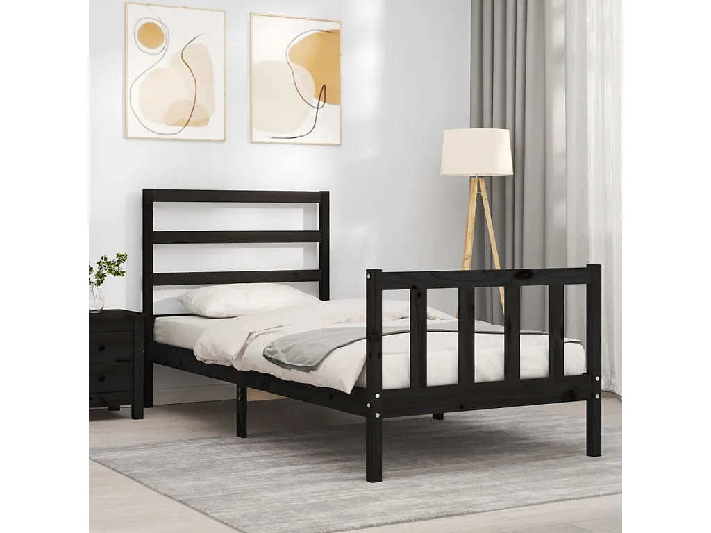 Cama 75x190 cm individual con cabecero madera maciza negro ES49733