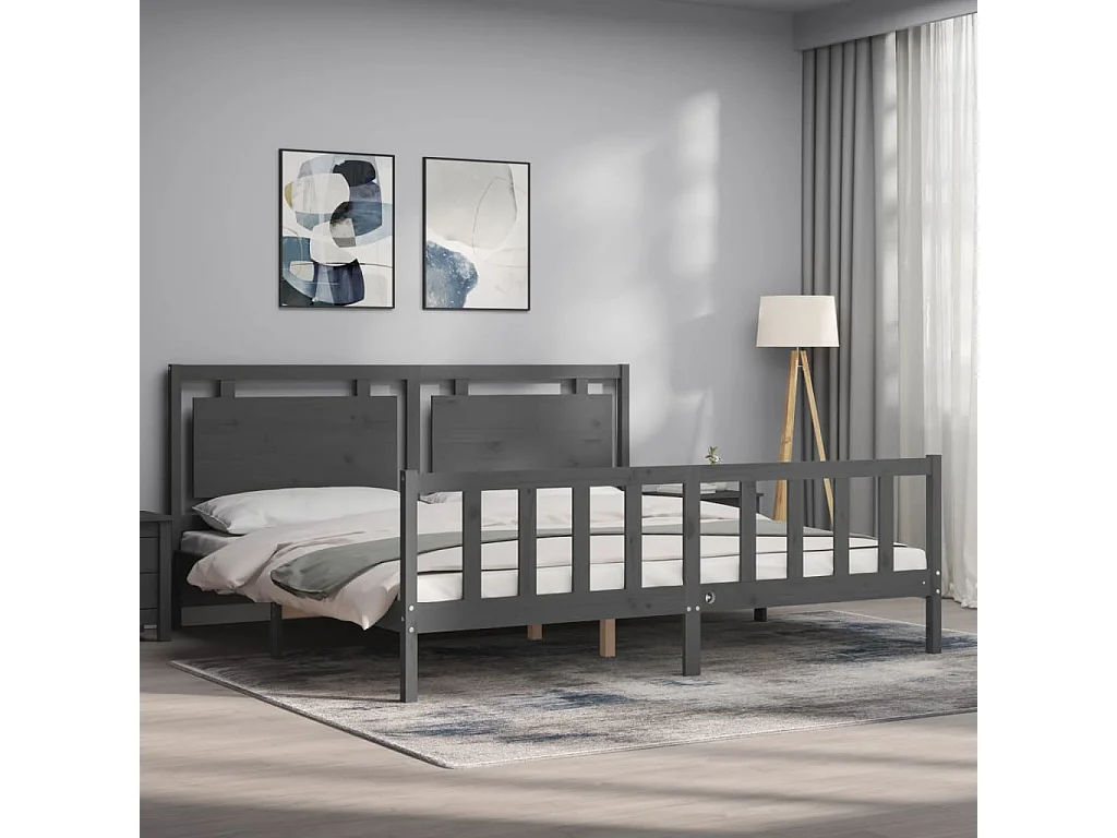 Lit-200x200 cm avec tête de lit gris bois massif EGGB72040