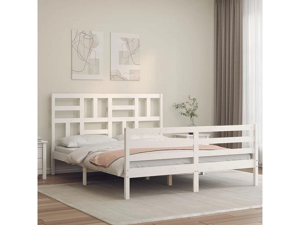 Lit-150x200 cm avec tête de lit blanc King Size bois massif EGGB74463