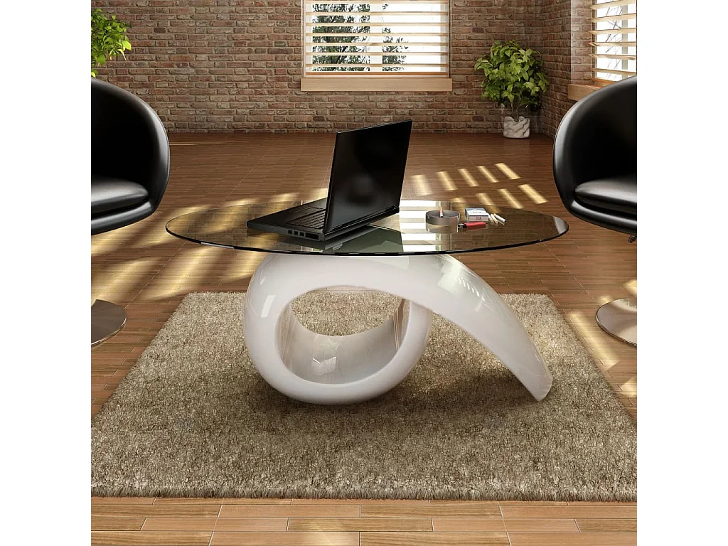 Table basse avec dessus de table en verre ovale Blanc brillant OFR83161 BonneVie Meuble