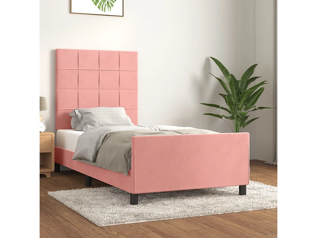 Cama 80x200 cm con cabecero de terciopelo rosa ES99585