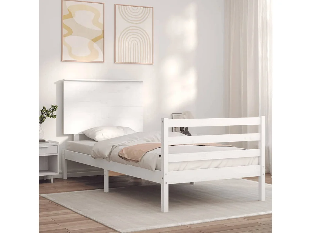 Cama 90x200 cm con cabecero madera maciza blanco ES79913