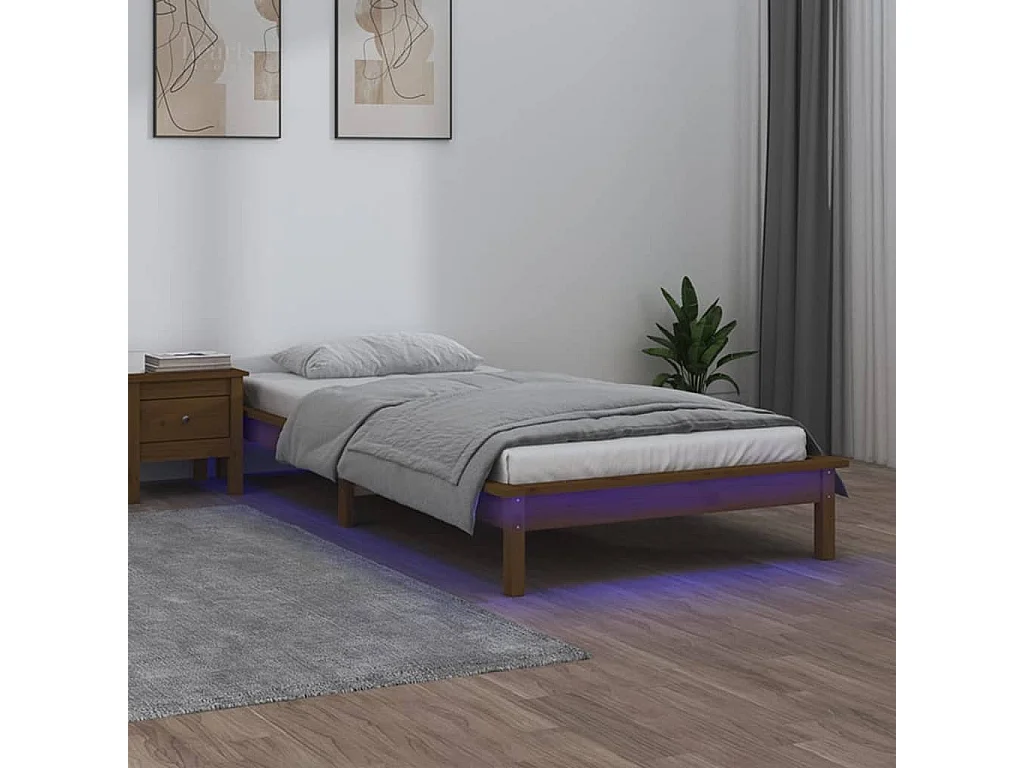 Lit-100x200 cm à LED marron miel bois massif EGGB56801