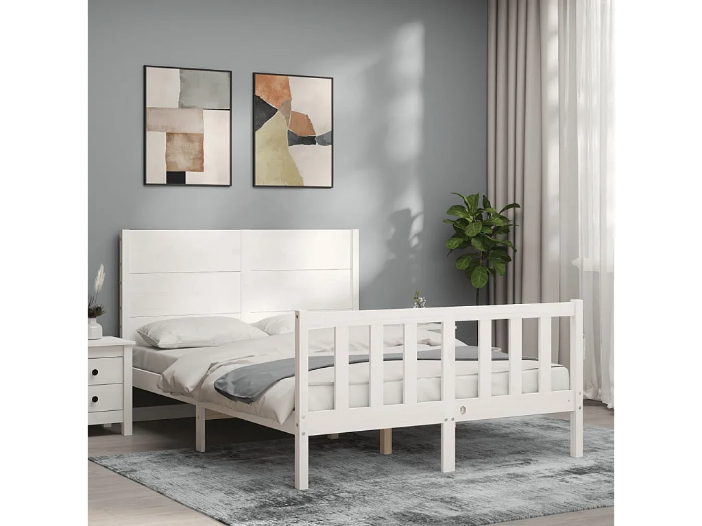 Cama com cabeceira 140x190cm madeira maciça branco PT101855