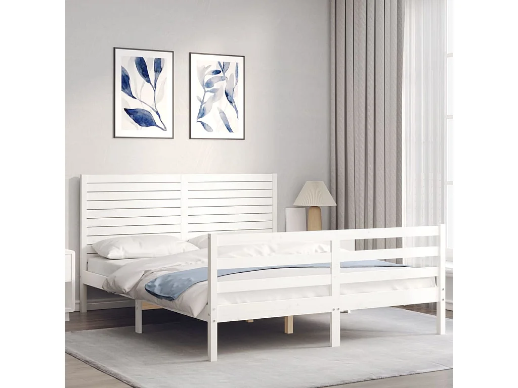 Cama 150x200 cm matrimonio con cabecero madera maciza blanco ES93977