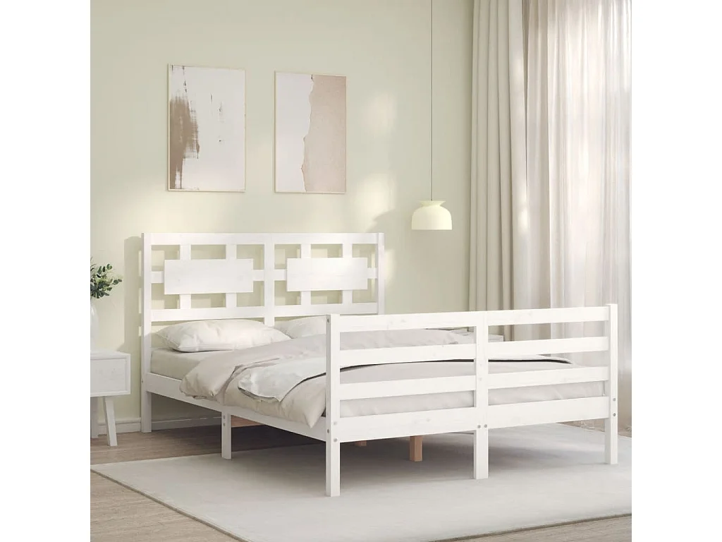 Bedframe met hoofdbord massief hout wit NL26087