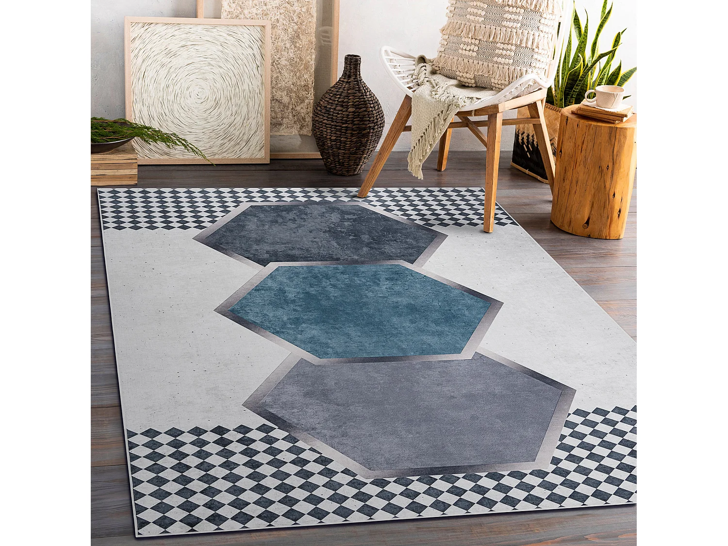 ANDRE 1863 tapijt wasbaar diamanten, geometrisch antislip - wit / zwar 80x150 cm