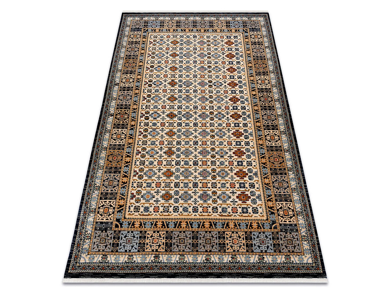 Tapis KESHAN franges, Cadre oriental 6428/53551 beige / bleu foncé 160x230 cm