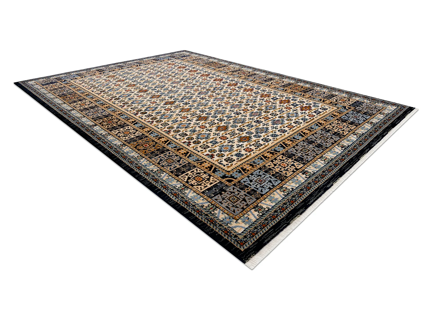 Tapis KESHAN franges, Cadre oriental 6428/53551 beige / bleu foncé 160x230 cm