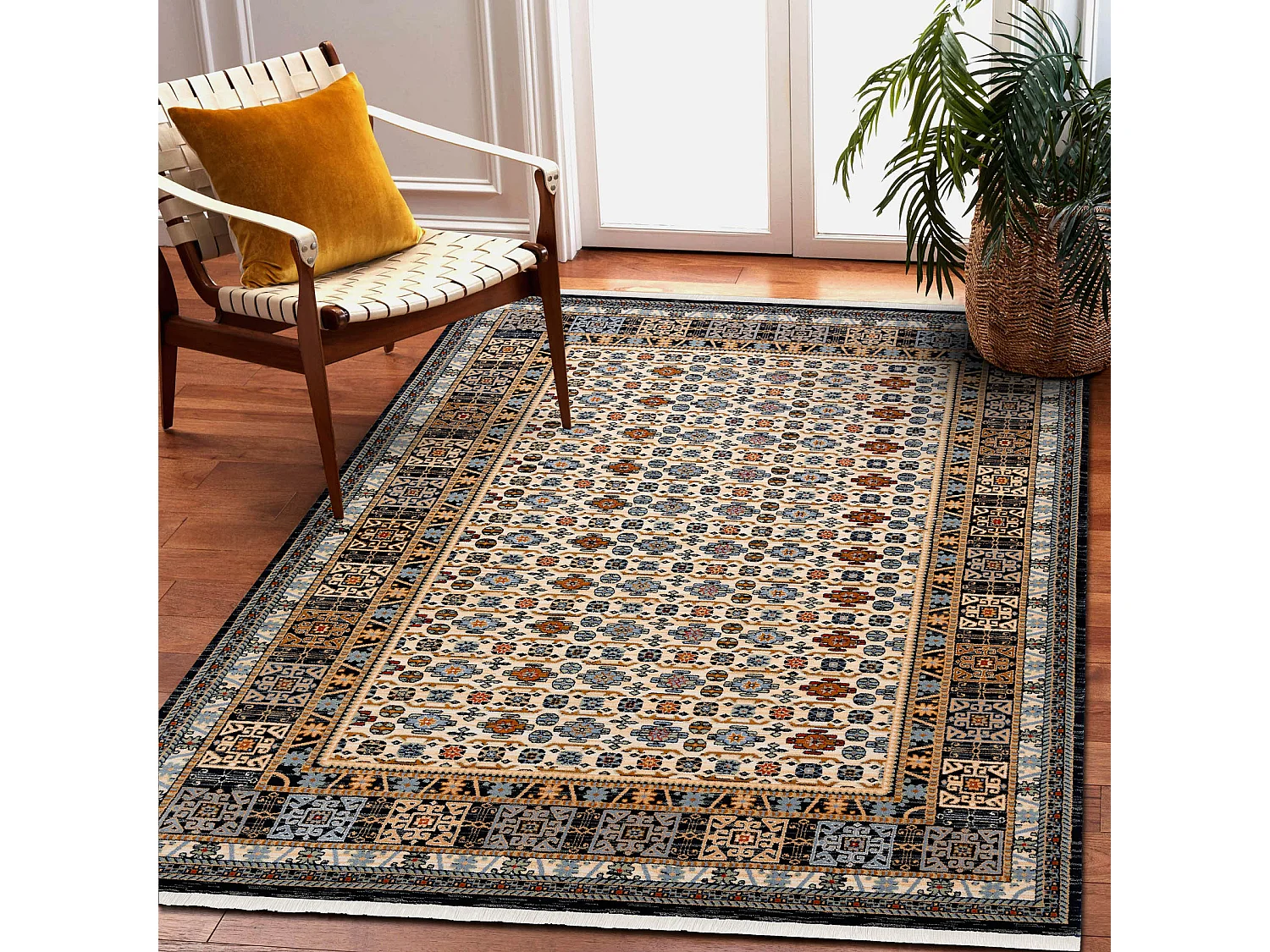 Tapis KESHAN franges, Cadre oriental 6428/53551 beige / bleu foncé 160x230 cm