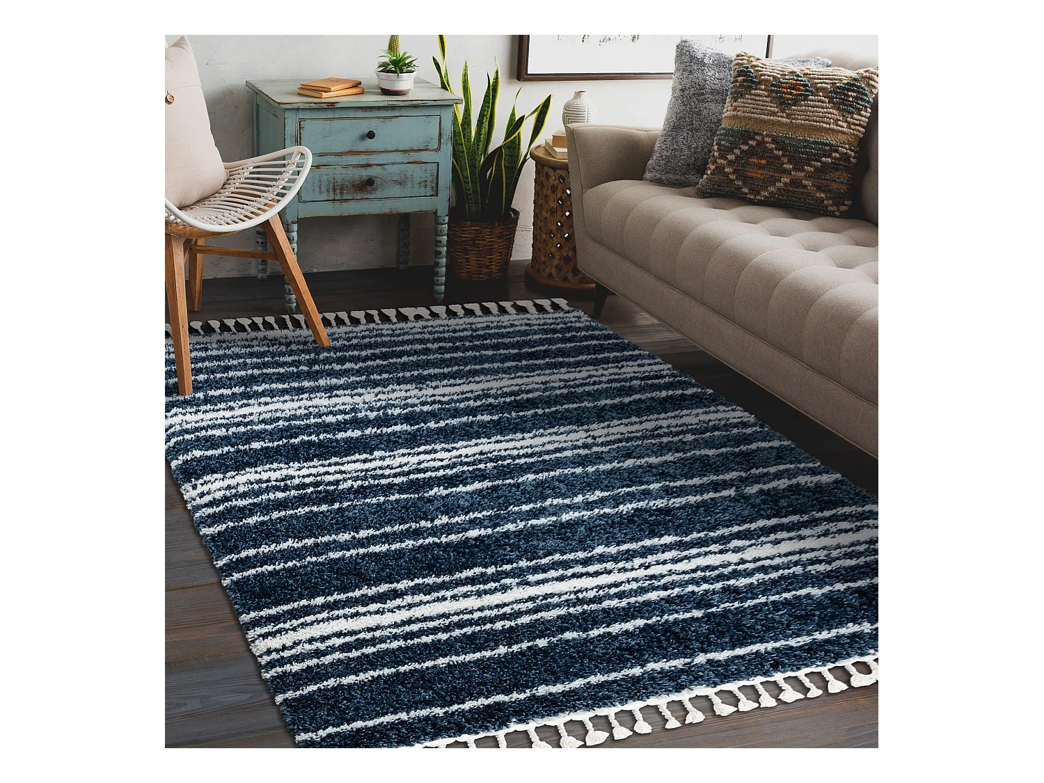 Teppich UNION 4080 Streifen blau / sahne Franse berber marokkanisch sh 200x290 cm