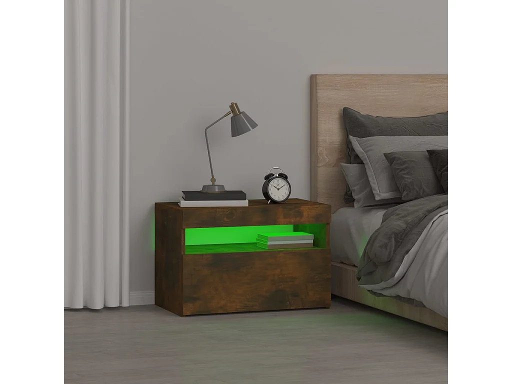 Mesita de noche con luces LED color roble ahumado 60x35x40 cm ES24410