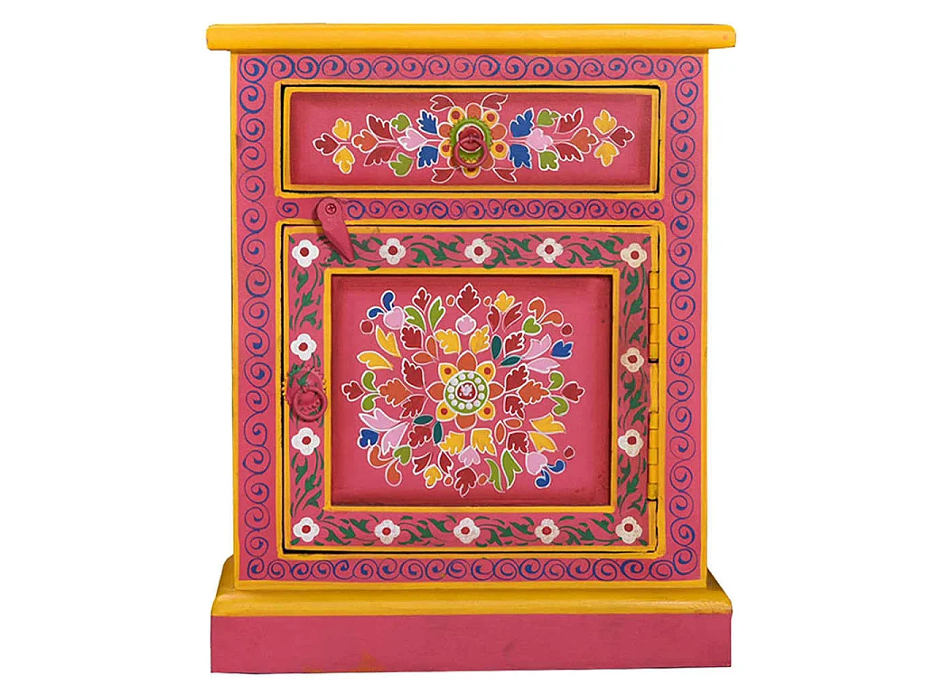 Mesita de noche de madera maciza de mango rosa pintada a mano ES95807