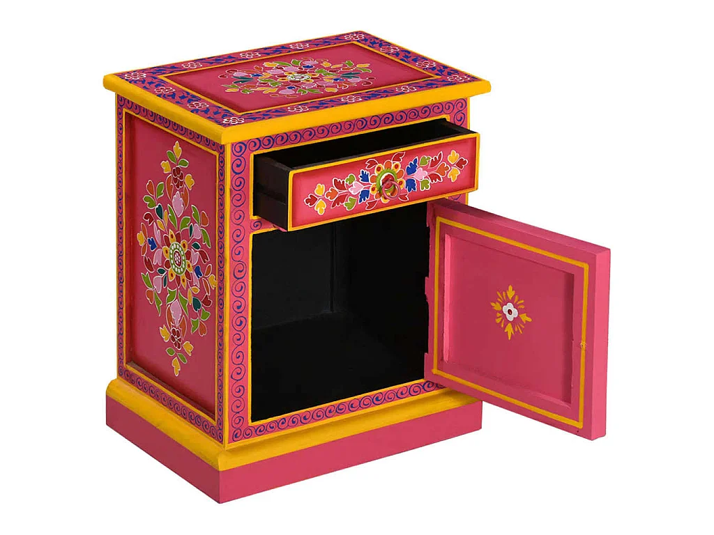 Mesita de noche de madera maciza de mango rosa pintada a mano ES95807