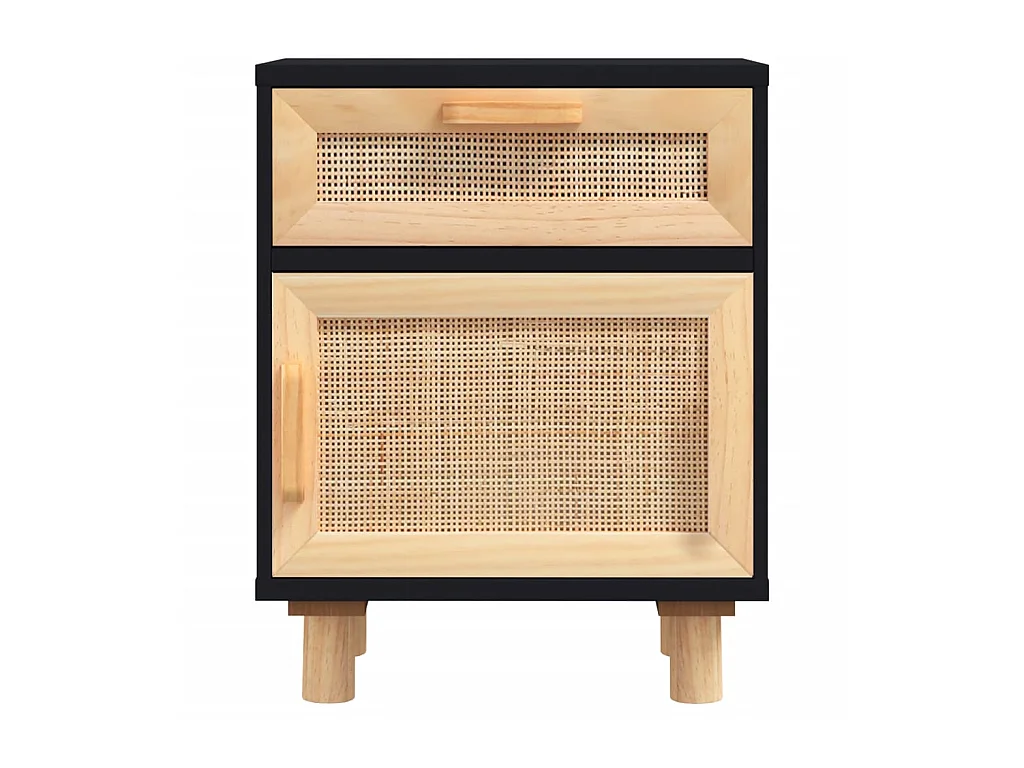 Nachtkastje massief grenenhout en natuurlijk rattan zwart NL80786