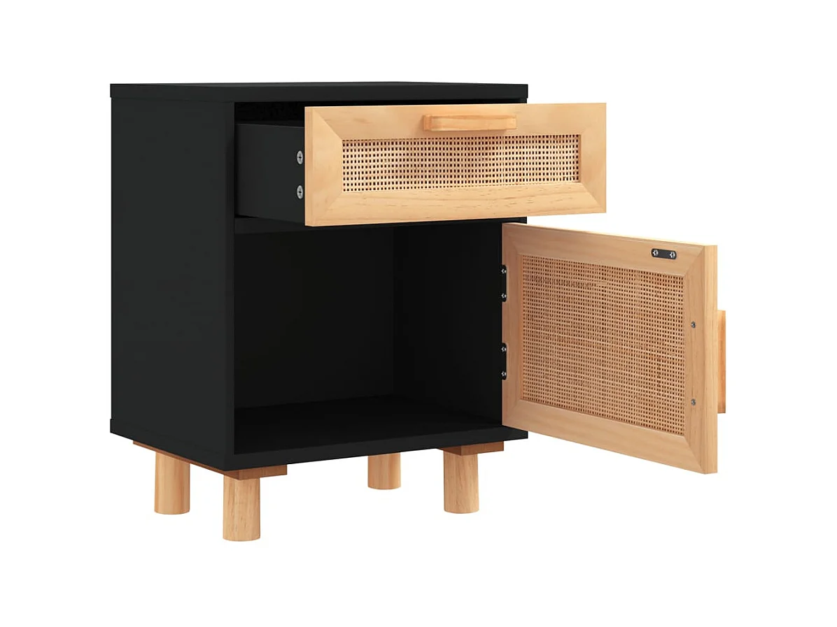 Nachtkastje massief grenenhout en natuurlijk rattan zwart NL80786
