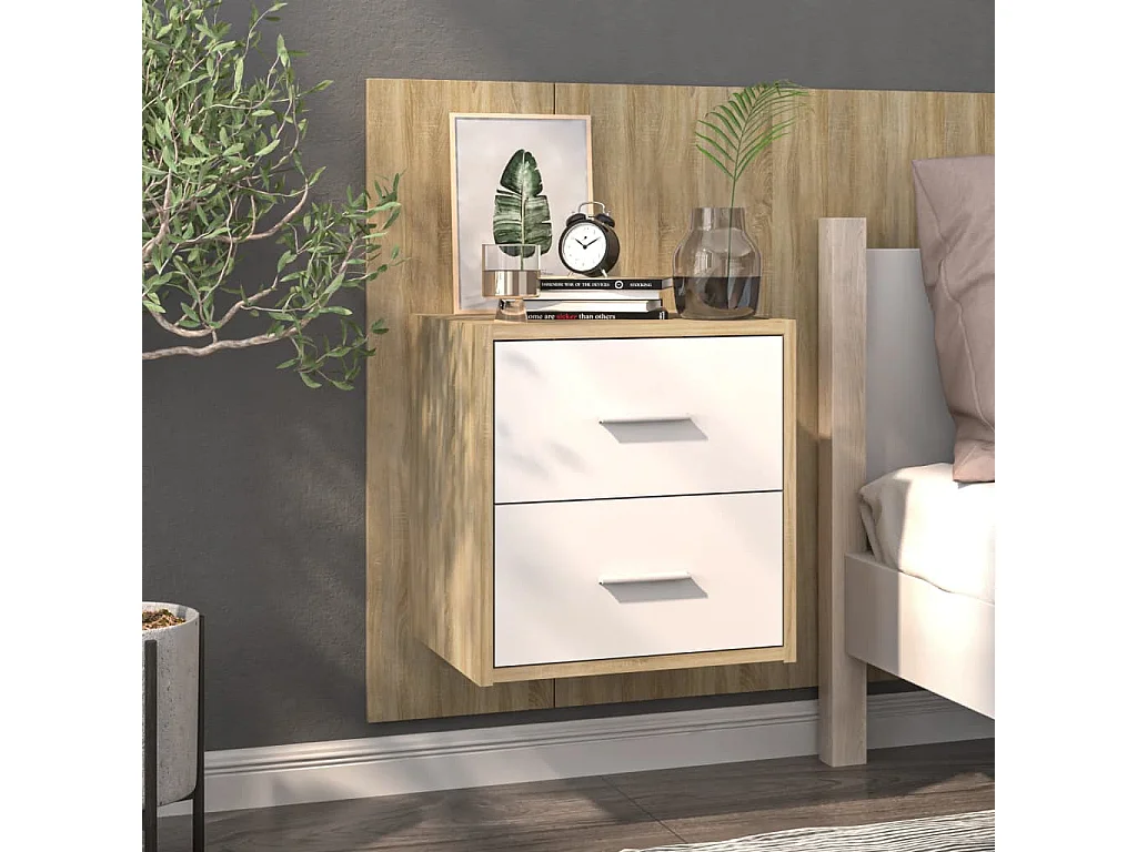 Nachtkastje wandgemonteerd wit en sonoma eikenkleurig NL11852