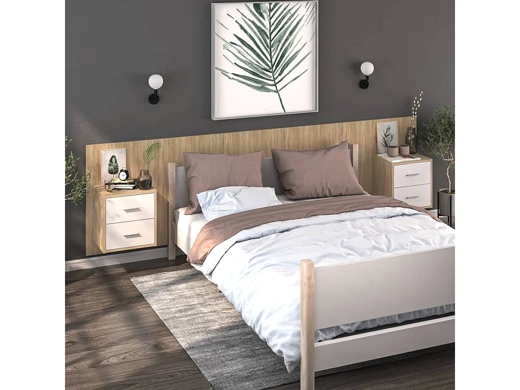 Nachtkastje wandgemonteerd wit en sonoma eikenkleurig NL11852