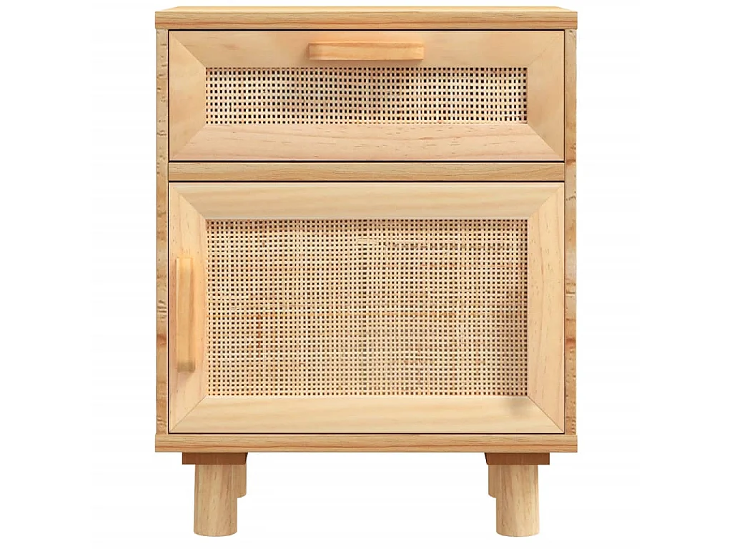 Mesita de noche madera maciza pino marrón y ratán natural ES92737