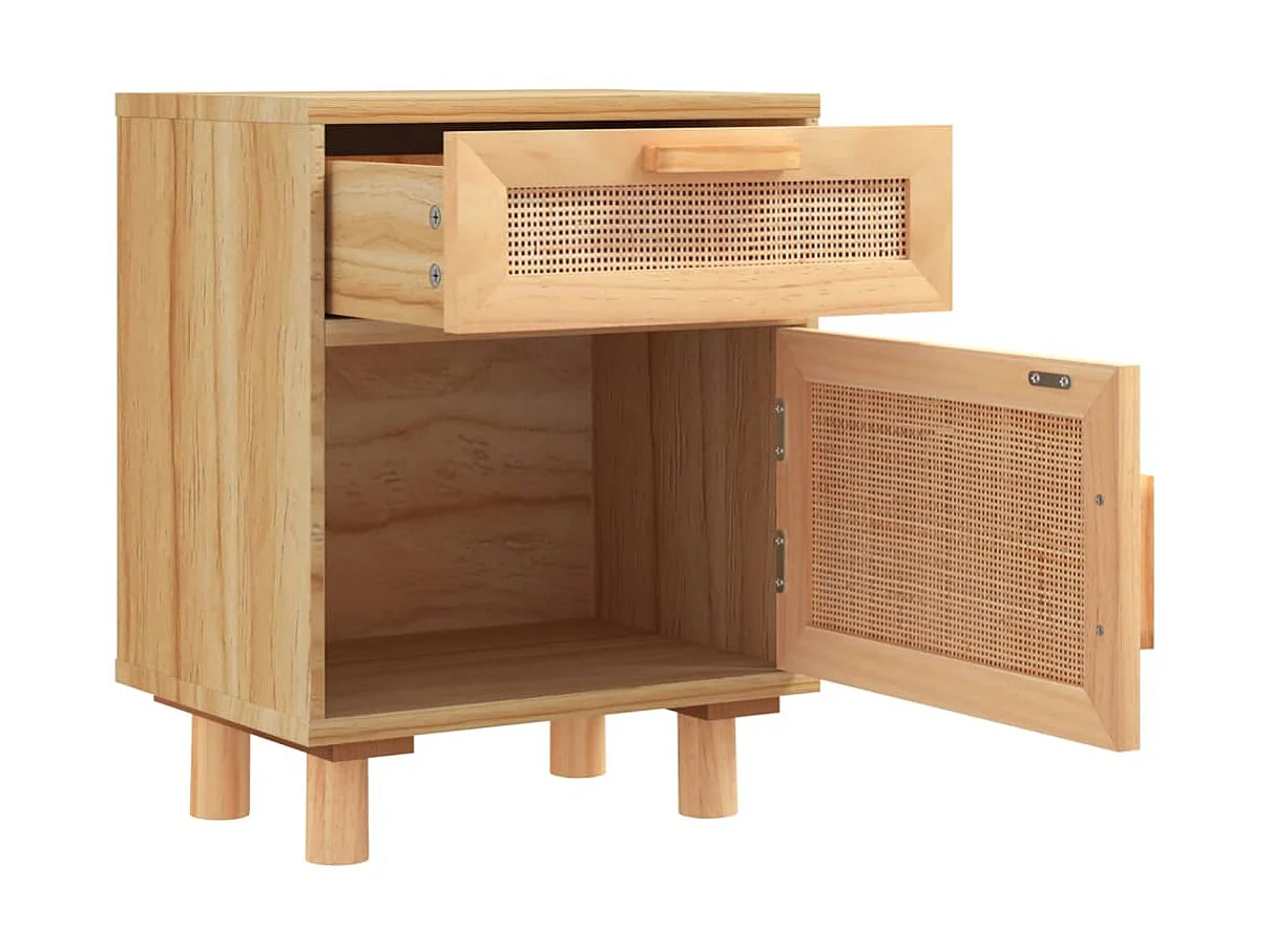 Mesita de noche madera maciza pino marrón y ratán natural ES92737