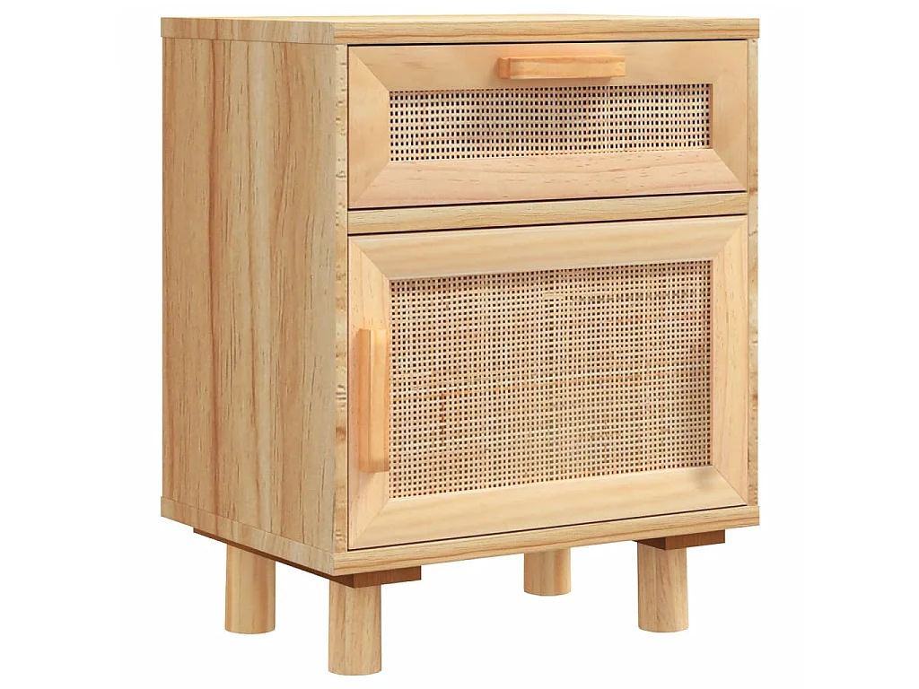 Mesita de noche madera maciza pino marrón y ratán natural ES92737