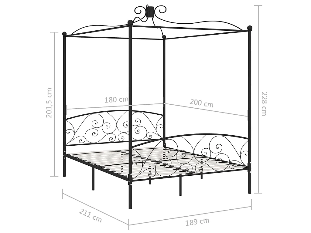 Lit à baldaquin-180 x 200 cm Noir Métal 180 x 200 cm JKF551602