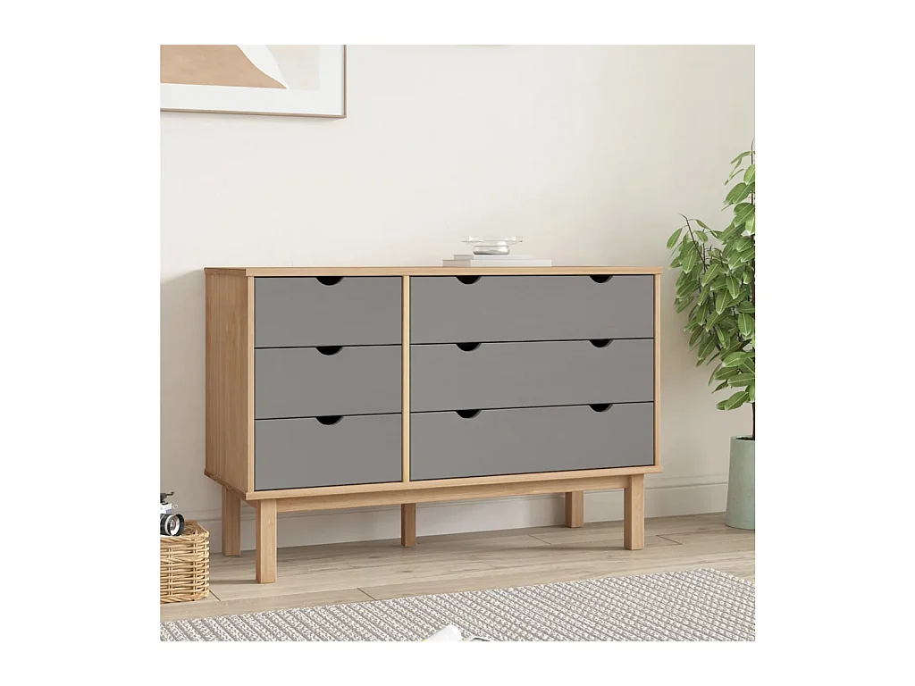 Commode basse OTTA Marron et gris 111x42x73,5 cm Bois de pin massif SBC1501