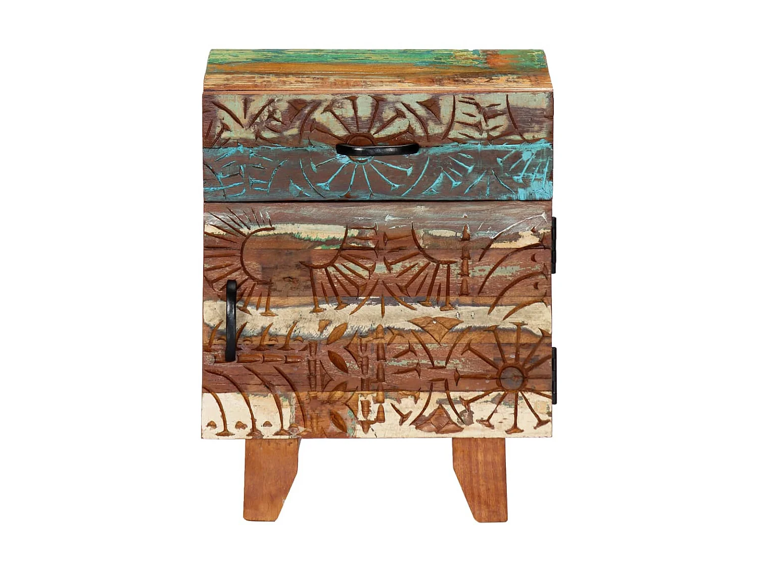 Mesita de noche tallada a mano madera reciclada 40x30x50 cm ES17805