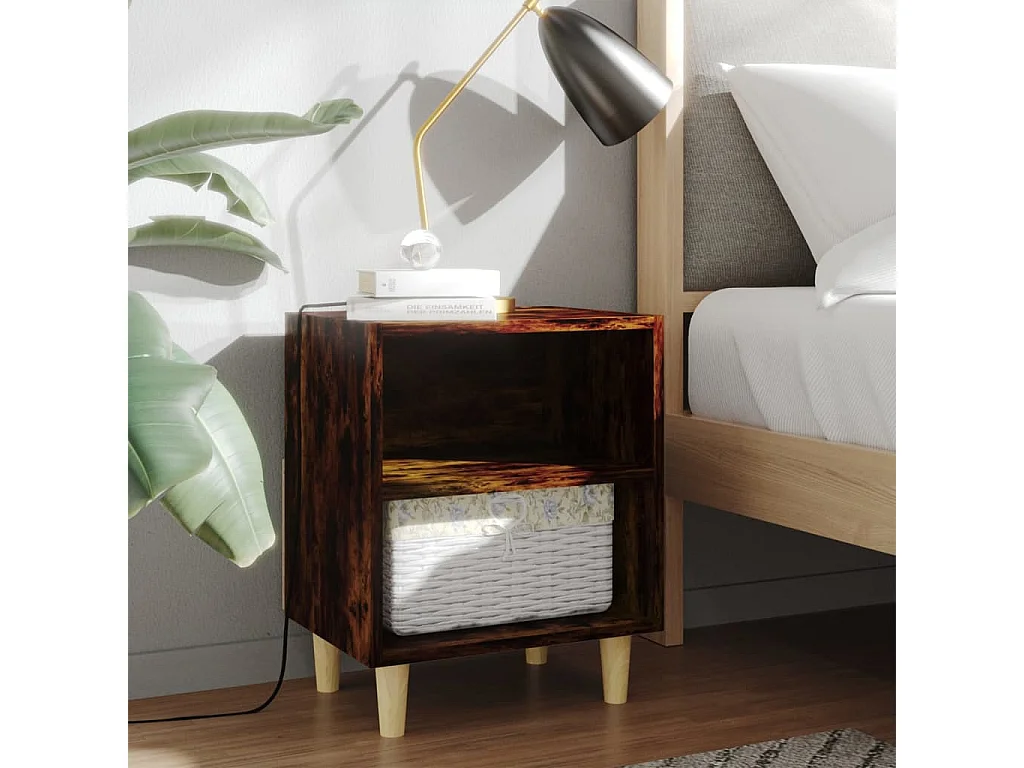 Table de chevet avec pieds en bois massif Chêne fumé 40x30x50cm KEFWE87622