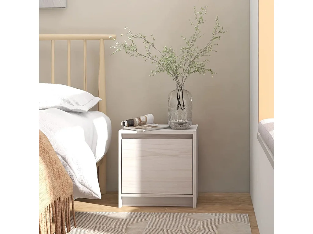 Comodino | Tavolino da notte | Tavolino da letto Bianco 40x30,5x40 cm in Legno Massello di Pino
