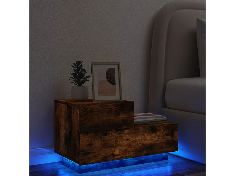 Mesita de noche con luces LED roble ahumado 70x36x40,5 cm ES58799