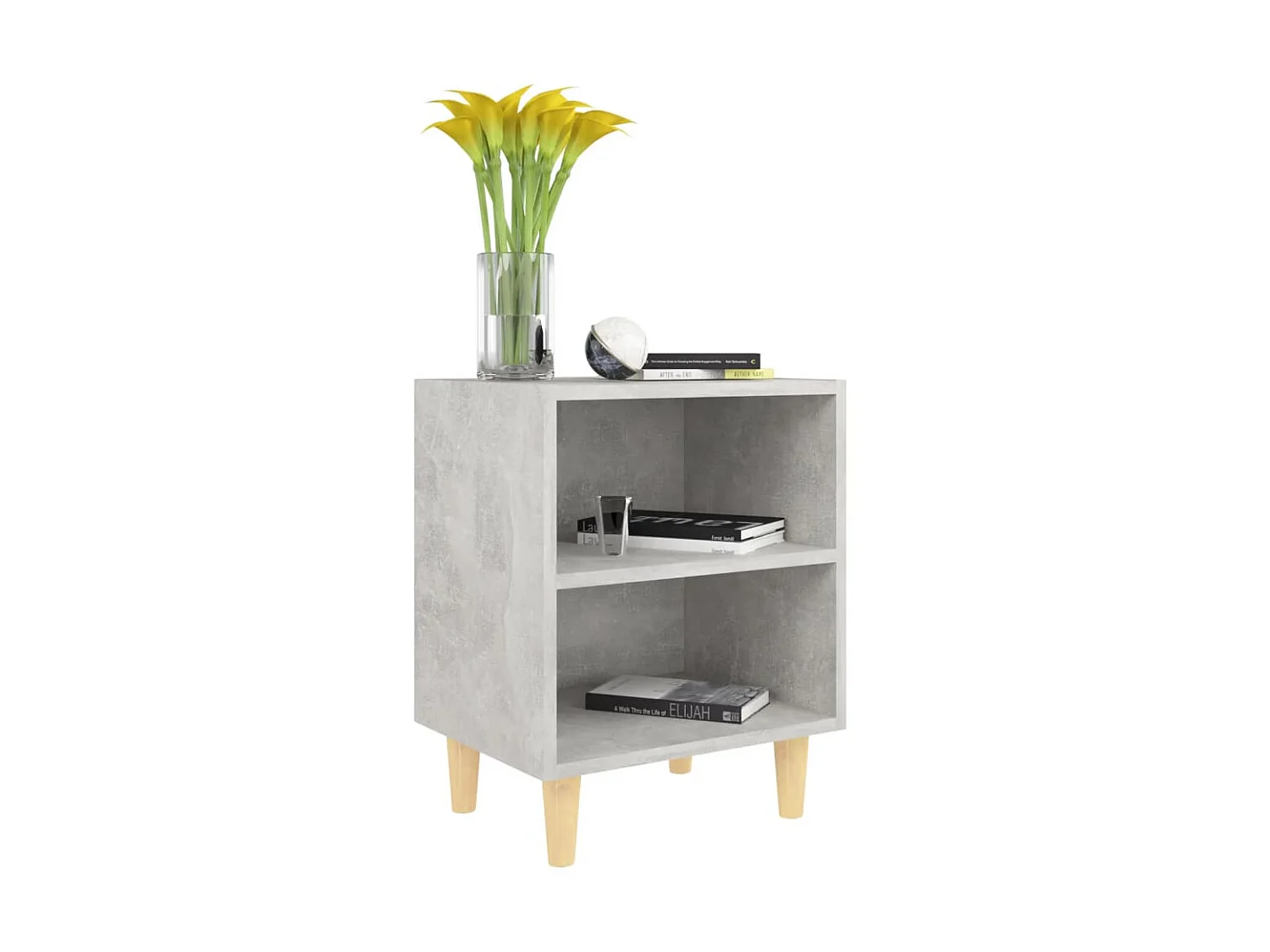 Mesita de noche patas madera maciza gris hormigón 40x30x50 cm ES29571