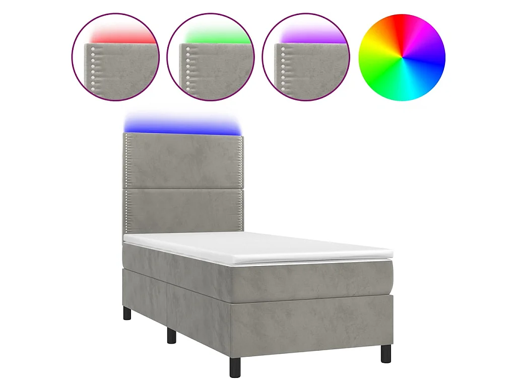 Conjunto Boxspring - 90x200 cm + Somieres + colchón + LED terciopelo gris claro ES42357