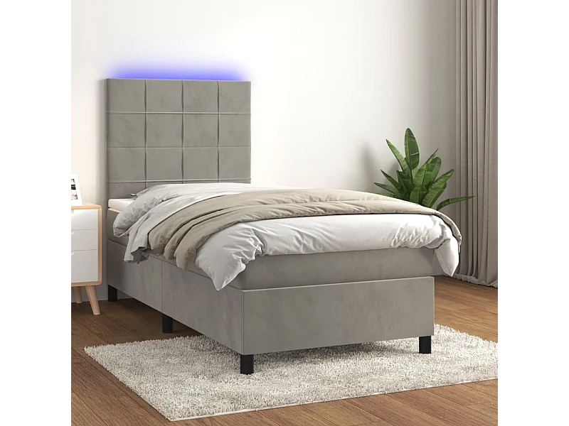 Cama continental c/ colchão/LED 100x200 cm veludo cinzento-claro PT938642