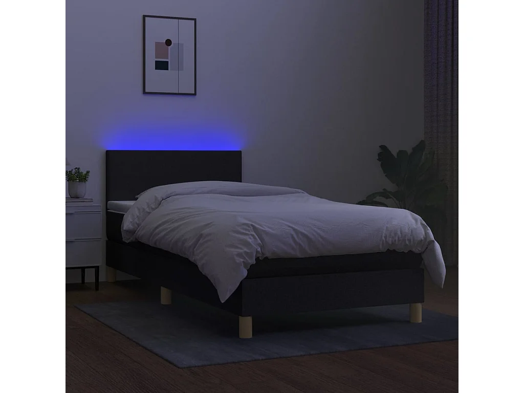Conjunto Boxspring - 90x200 cm + Somieres + colchón + luces LED tela negro ES43607