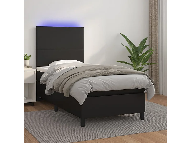 Cama continental c/ colchão/LED 90x190 cm couro artificial preto PT523231