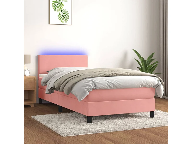Conjunto Boxspring - 90x200 cm + Somieres + colchón + LED terciopelo rosa ES44164