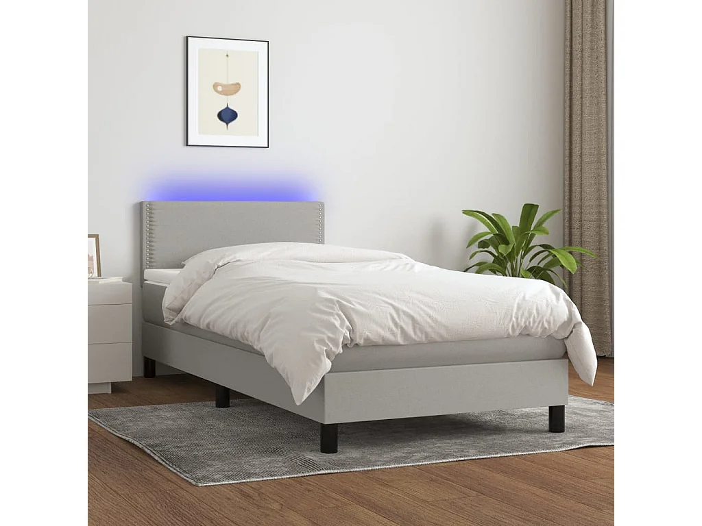 Conjunto Boxspring - 90x200 cm + Somieres + colchón + luces LED tela gris claro ES43578