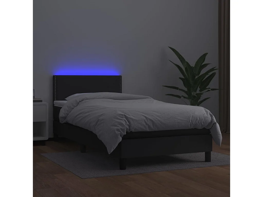 Cama continental c/ colchão/LED 90x190 cm couro artificial preto PT201690