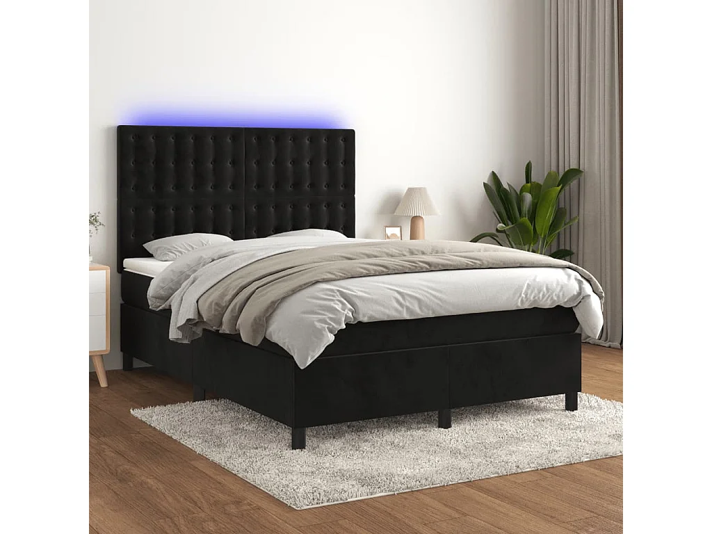 Conjunto Boxspring - 140x200 cm + Somieres + colchón + LED terciopelo negro ES43532