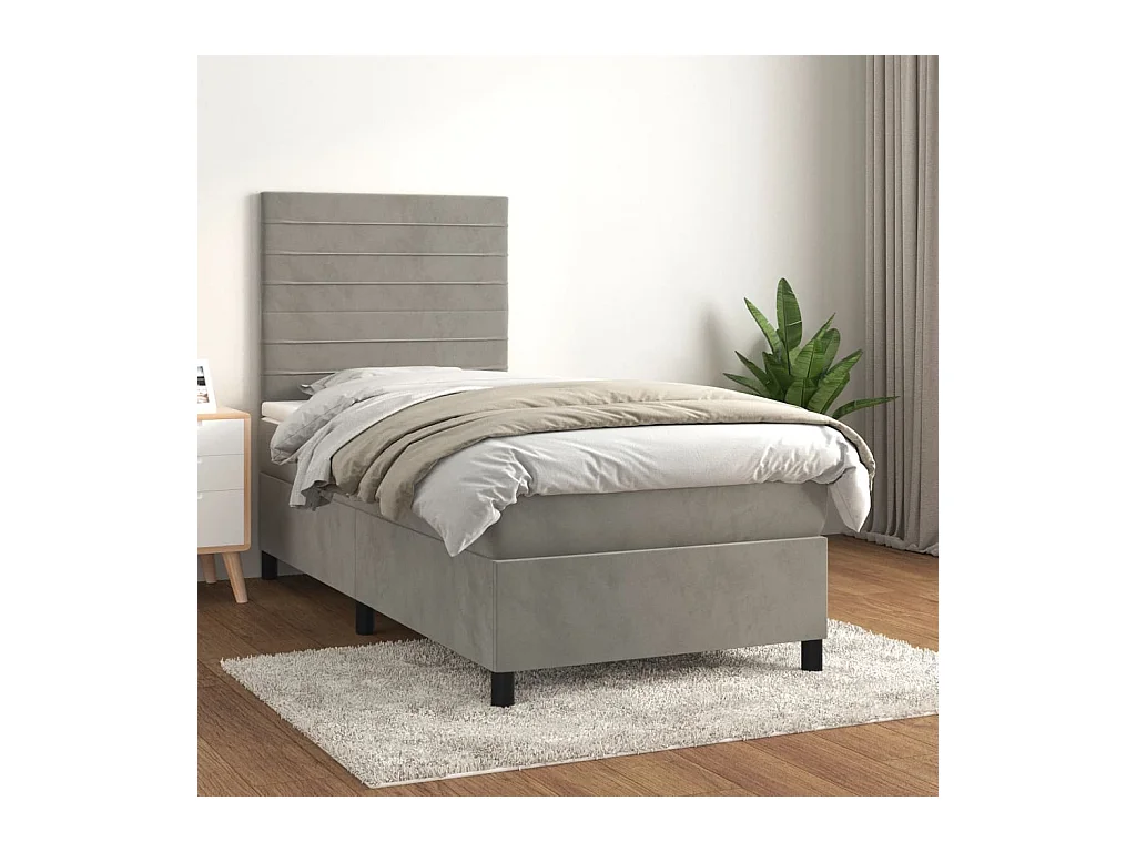 Ensemble complet boxspring - 90x190 cm + sommier tapissier + matelas Gris clair Velours SRGW93230
