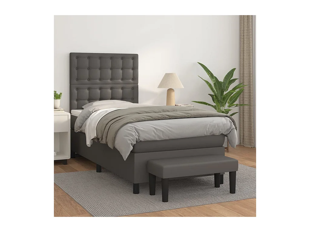 Cama continental com molas+ colchão 90x190 cm couro artificial cinzento PT533417