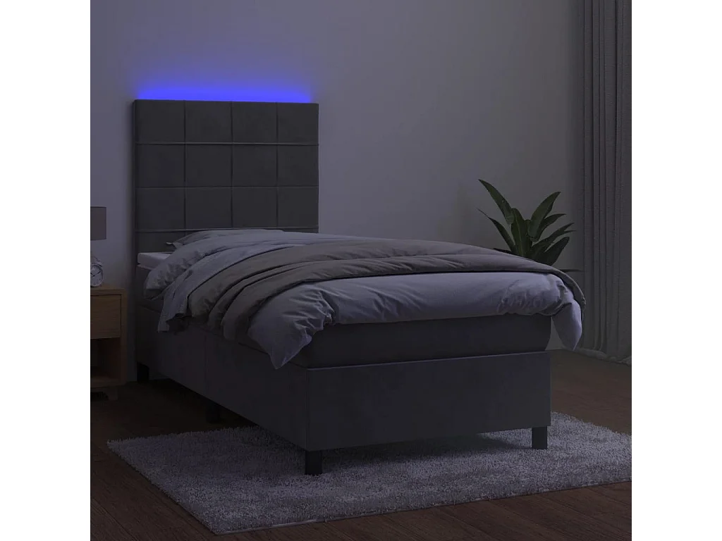 Conjunto Boxspring - 80x200 cm + Somieres + colchón + LED terciopelo gris claro ES42382